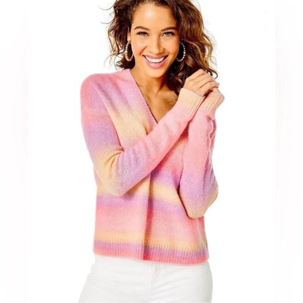 L Lilly Pulitzer Chiya Sweater fuzzy pastel rainbow stripe wool V-neck pink